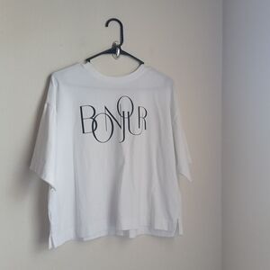 LOFT Blouse Women M White Graphic Tee Casual Comfort Academia Bon jour Vacation